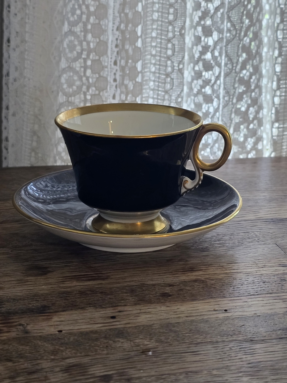 Vintage Adderley Elegant Black, White and Gold Porcelain Teacup & Saucer